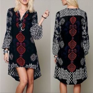 Free People V-Neck Black Geometric Print Long Sleeve‎ Hi Lo Tunic Dress, Size XS